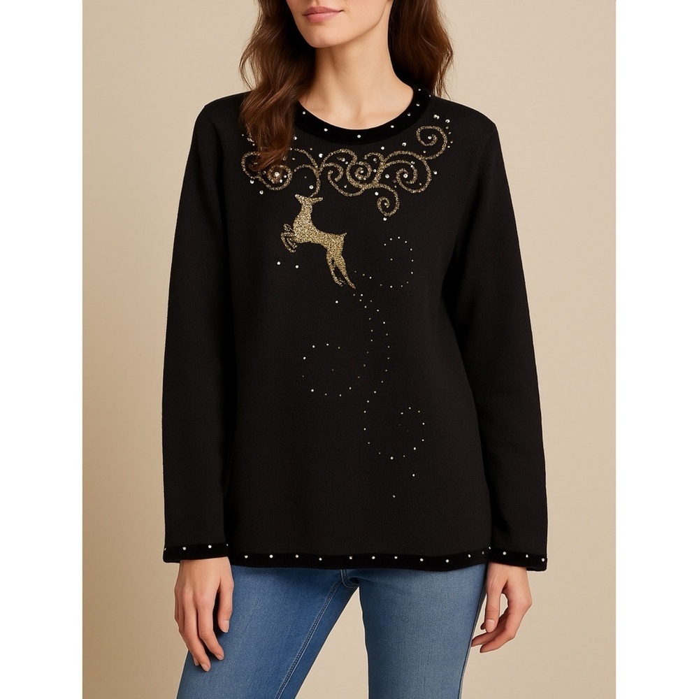 Quacker Factory Black Gold Beaded Reindeer Holiday Sweater Velvet Trim Christmas
